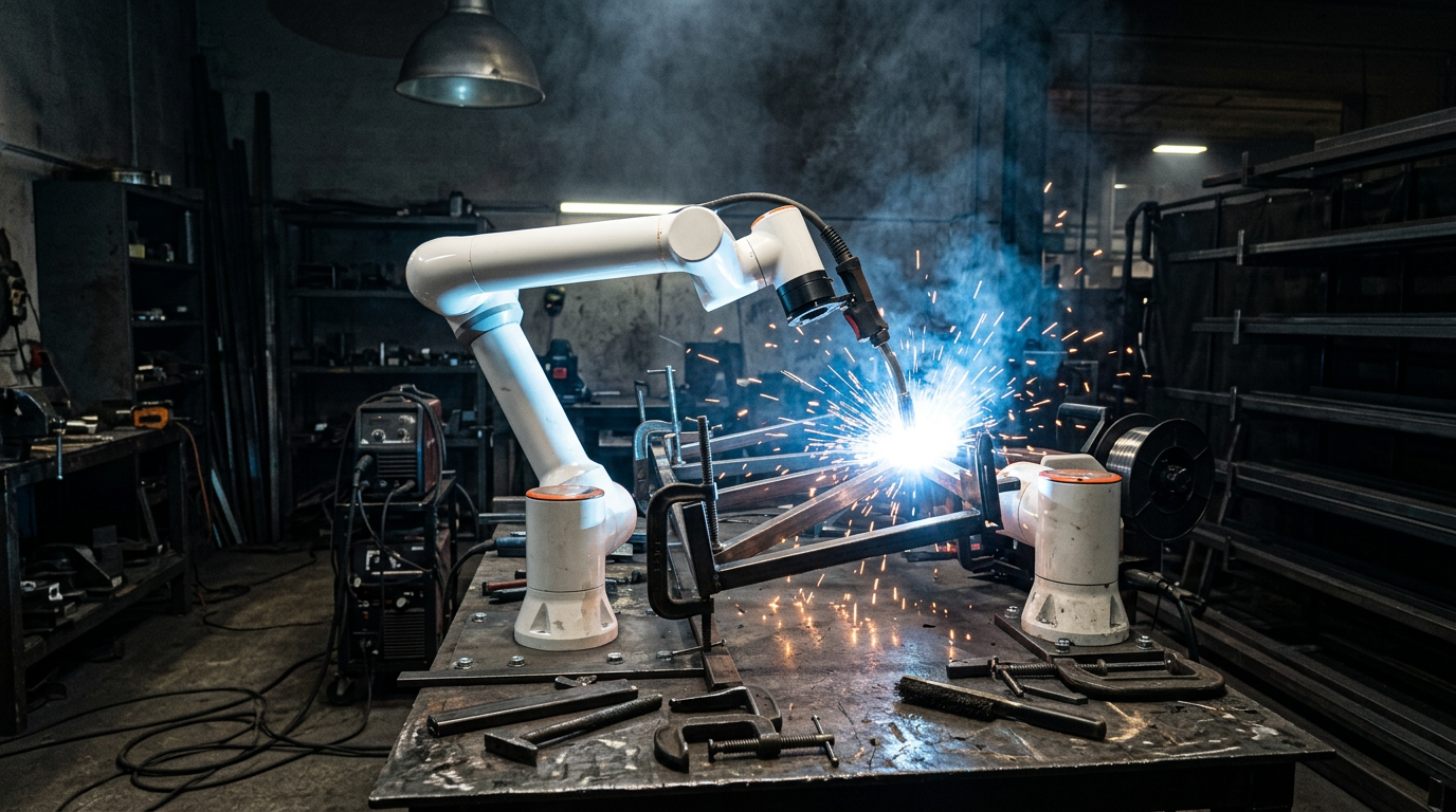 Cobot spawający konstrukcję stalową w warsztacie