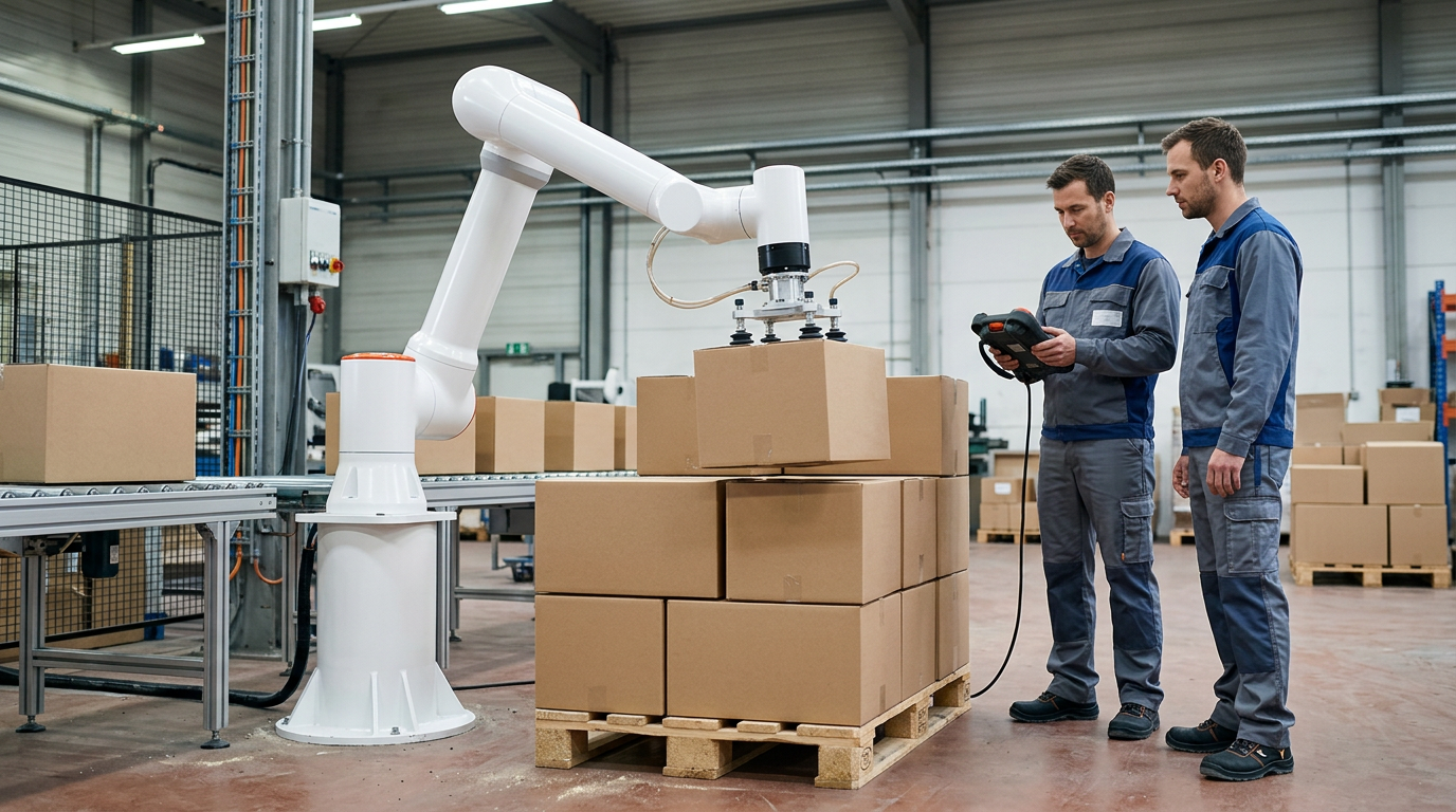 Cobot układający kartony na palecie podczas wdrożenia