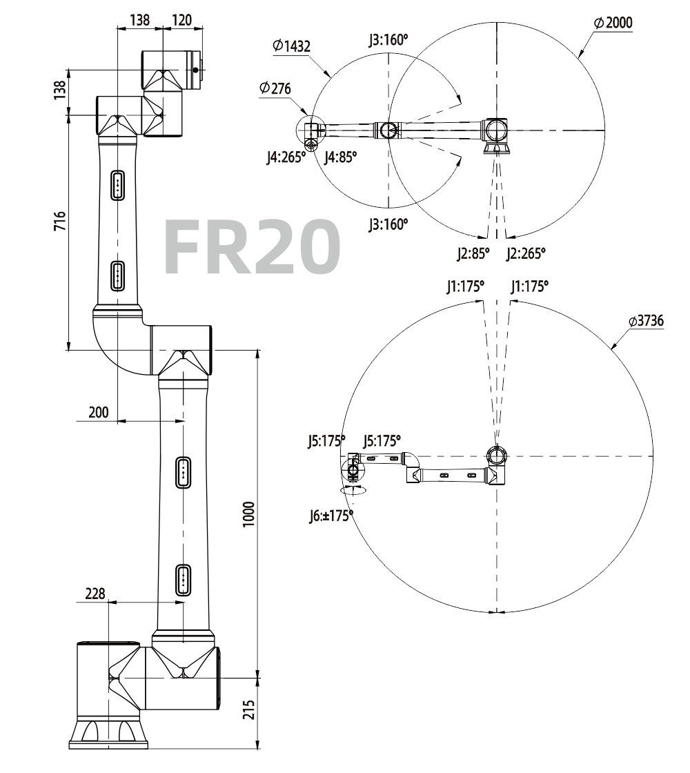 Rysunek techniczny Cobot FR20 z wymiarami