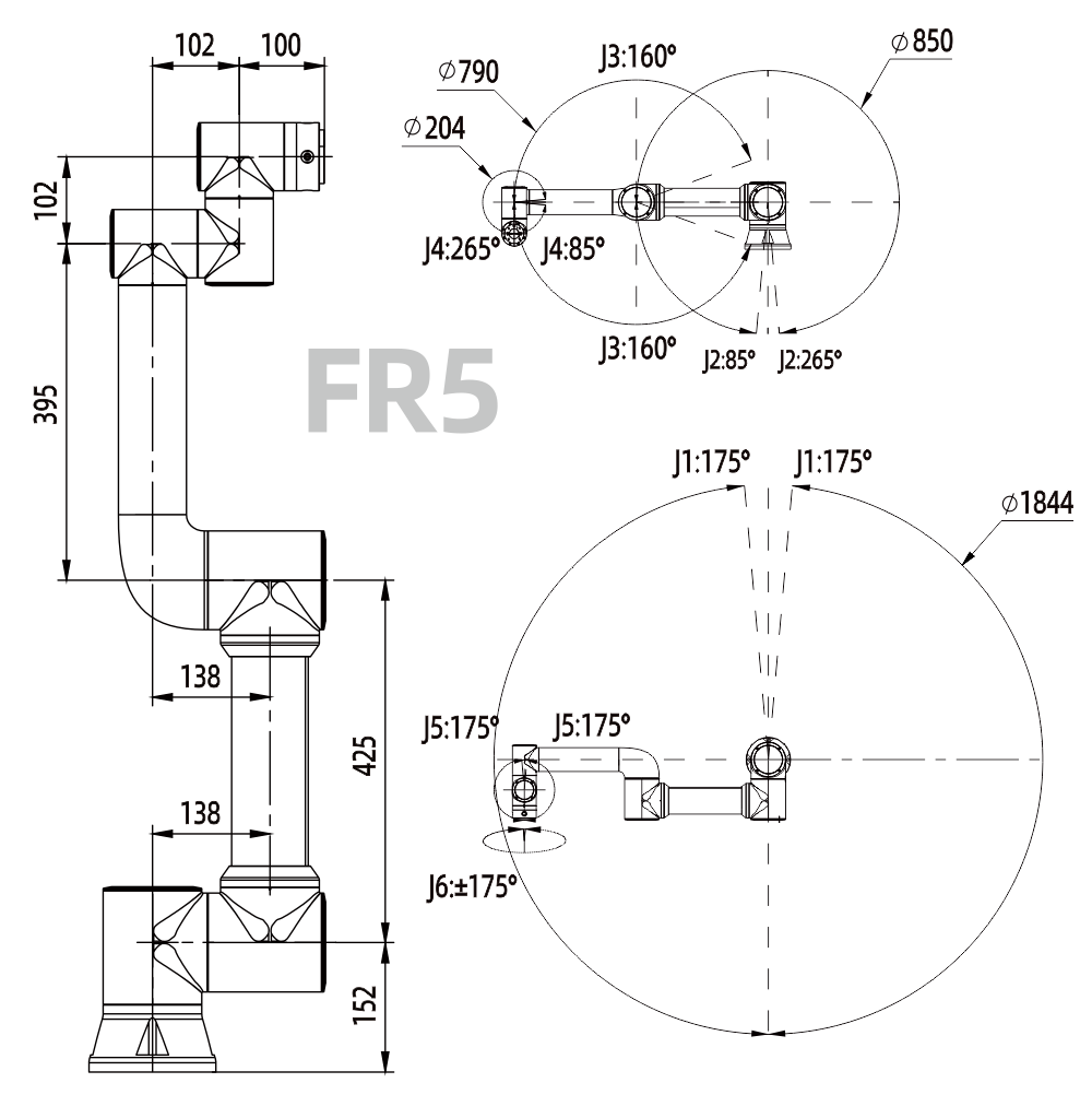 Rysunek techniczny Cobot FR5 z wymiarami