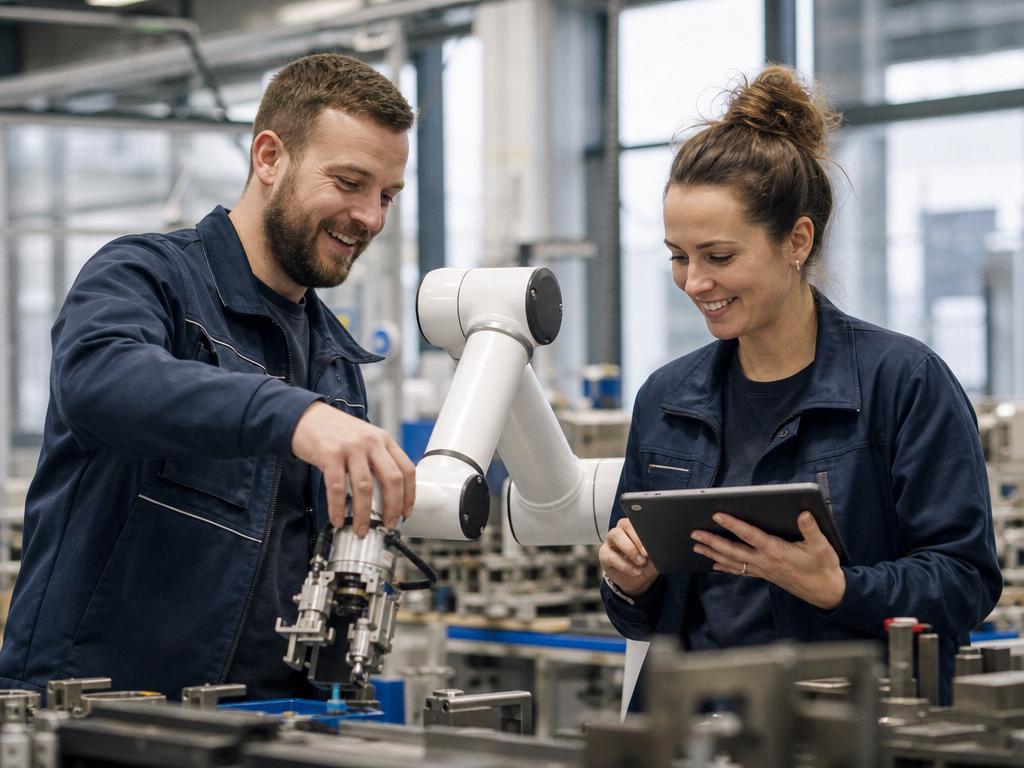 Zadowoleni operatorzy pracujący razem z cobotem na hali produkcyjnej